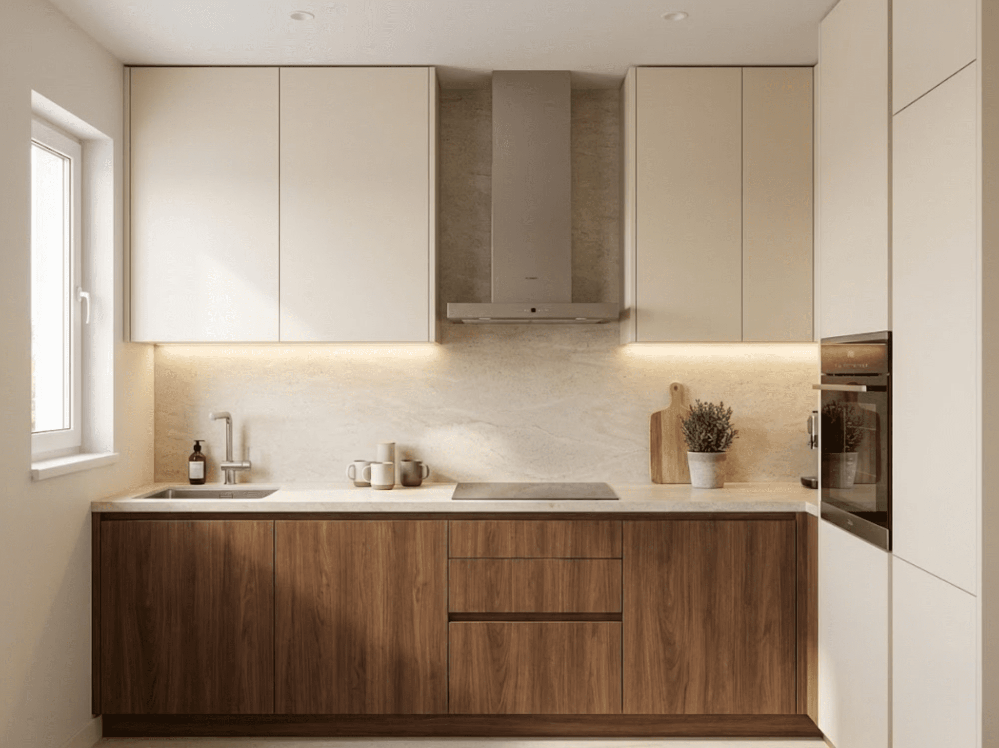 Compact kitchen with cream upper units
