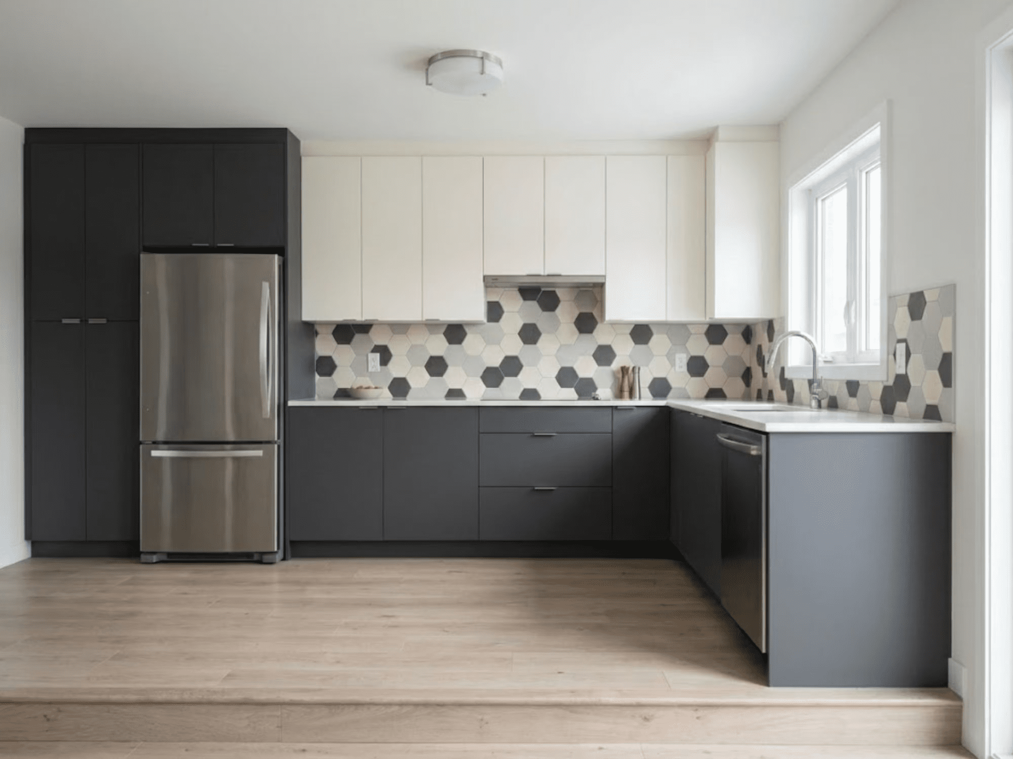 Ivory and charcoal modular kitchen with hexagonal backsplash