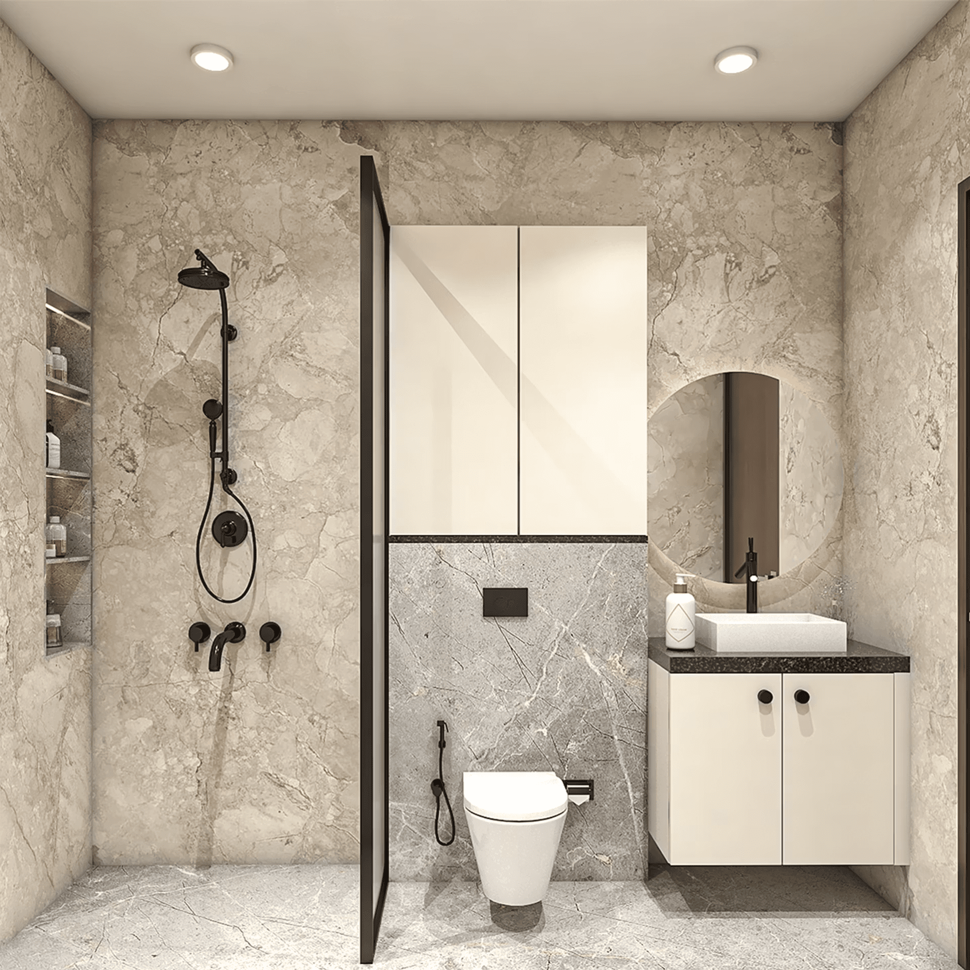 Modern Bathroom Design with Beige Stone Textured Marble Tiles