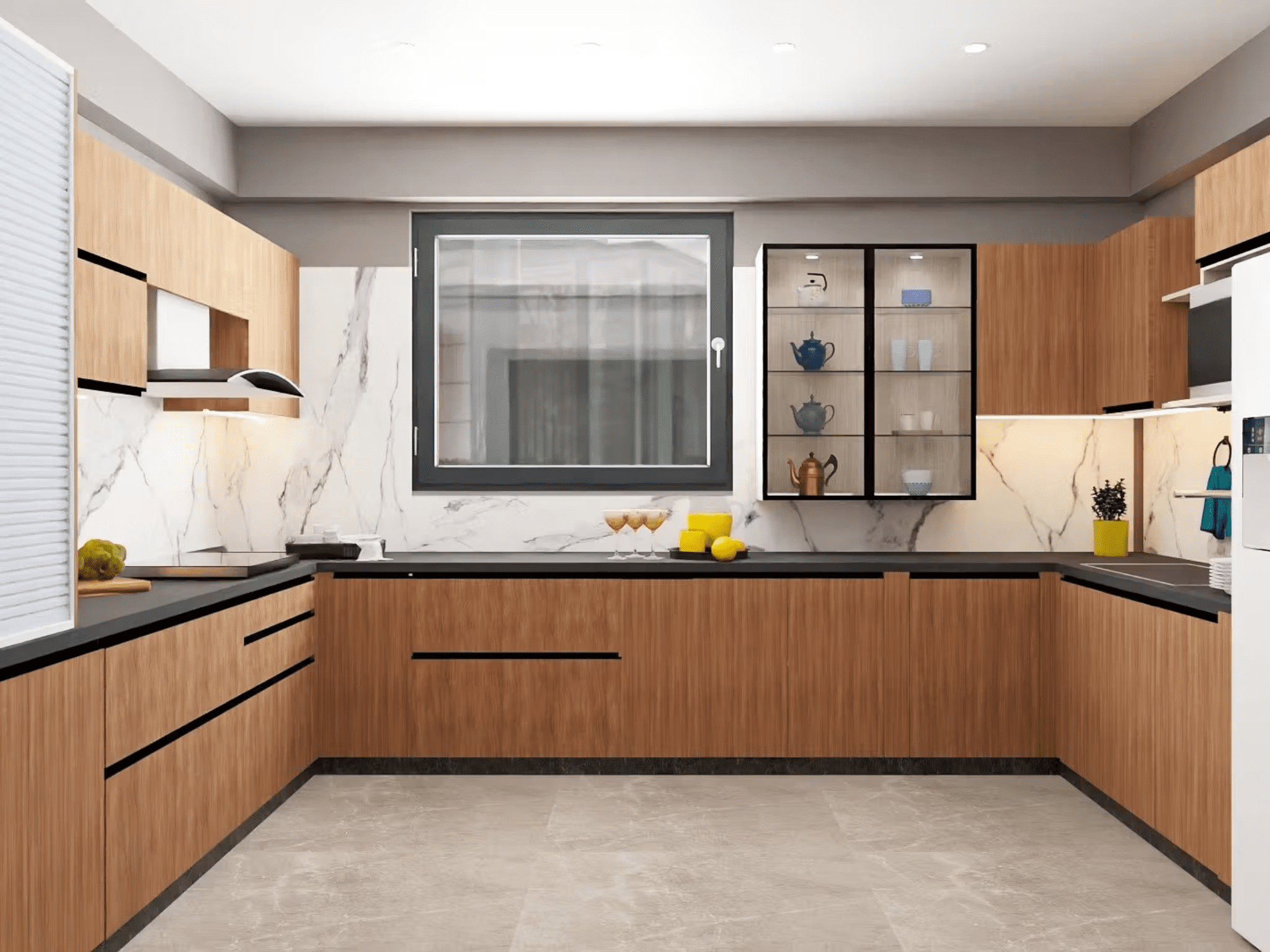 Modern u-shaped kitchen with wood finish cabinets