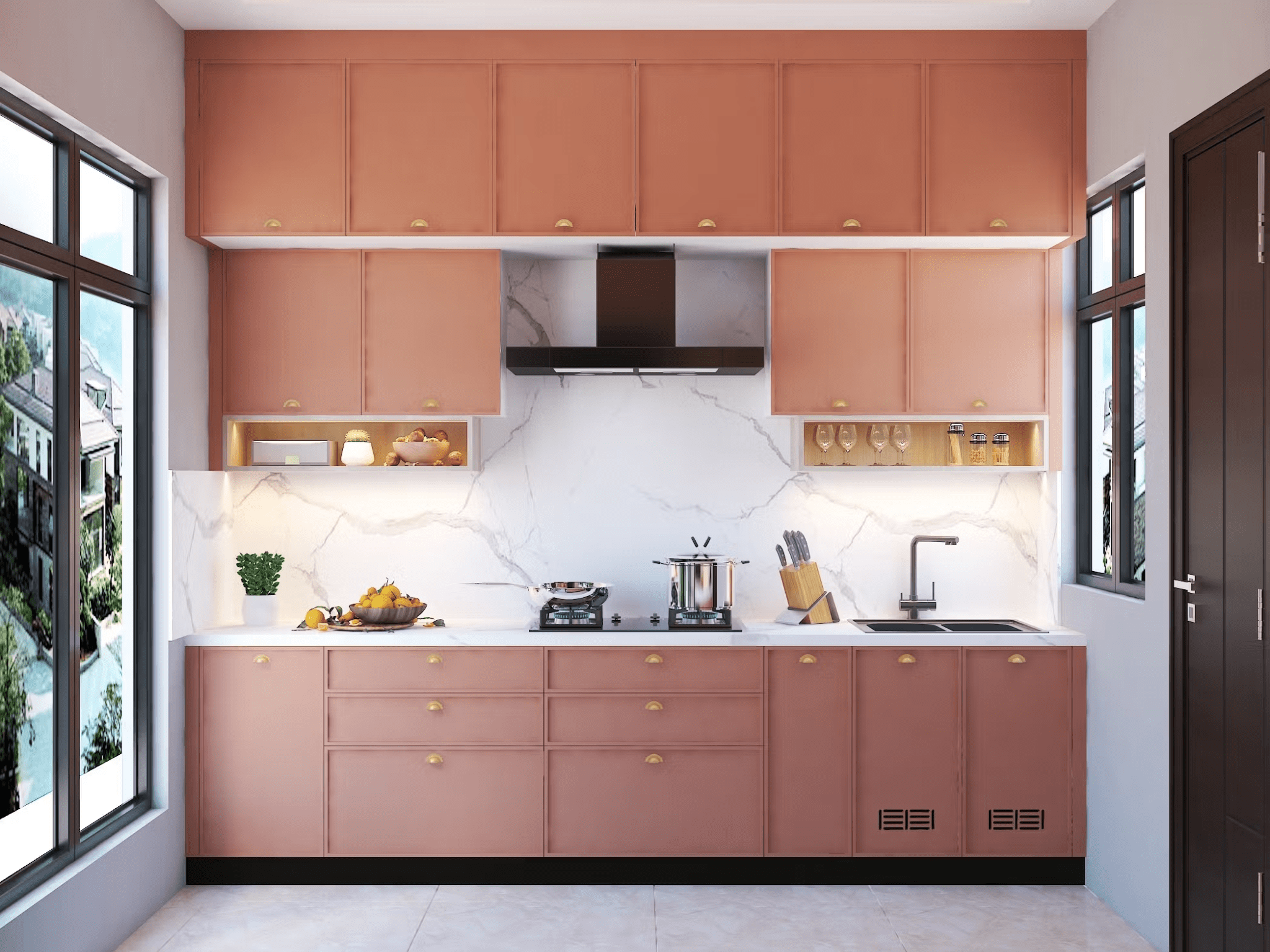 Small minimalist kitchen with blush cabinets
